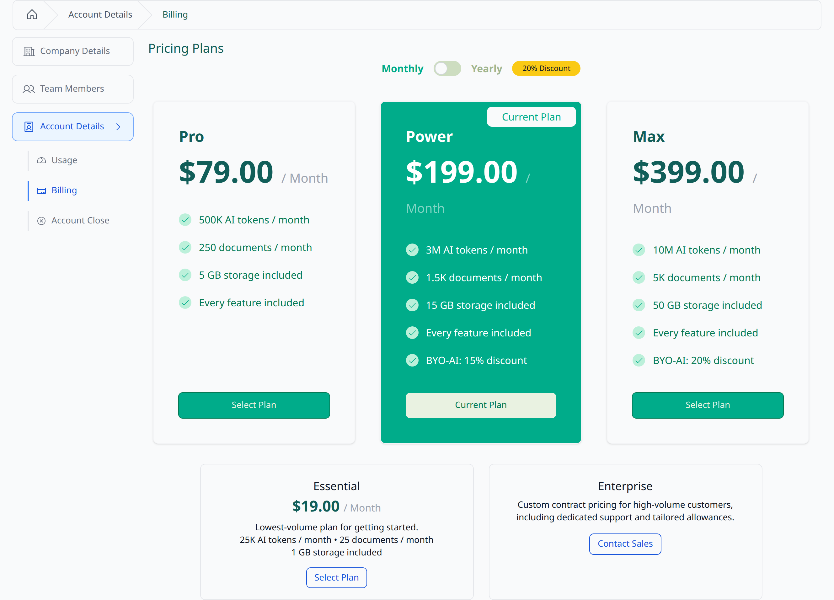 Account Details → Billing — your current plan is highlighted; switching is one click.