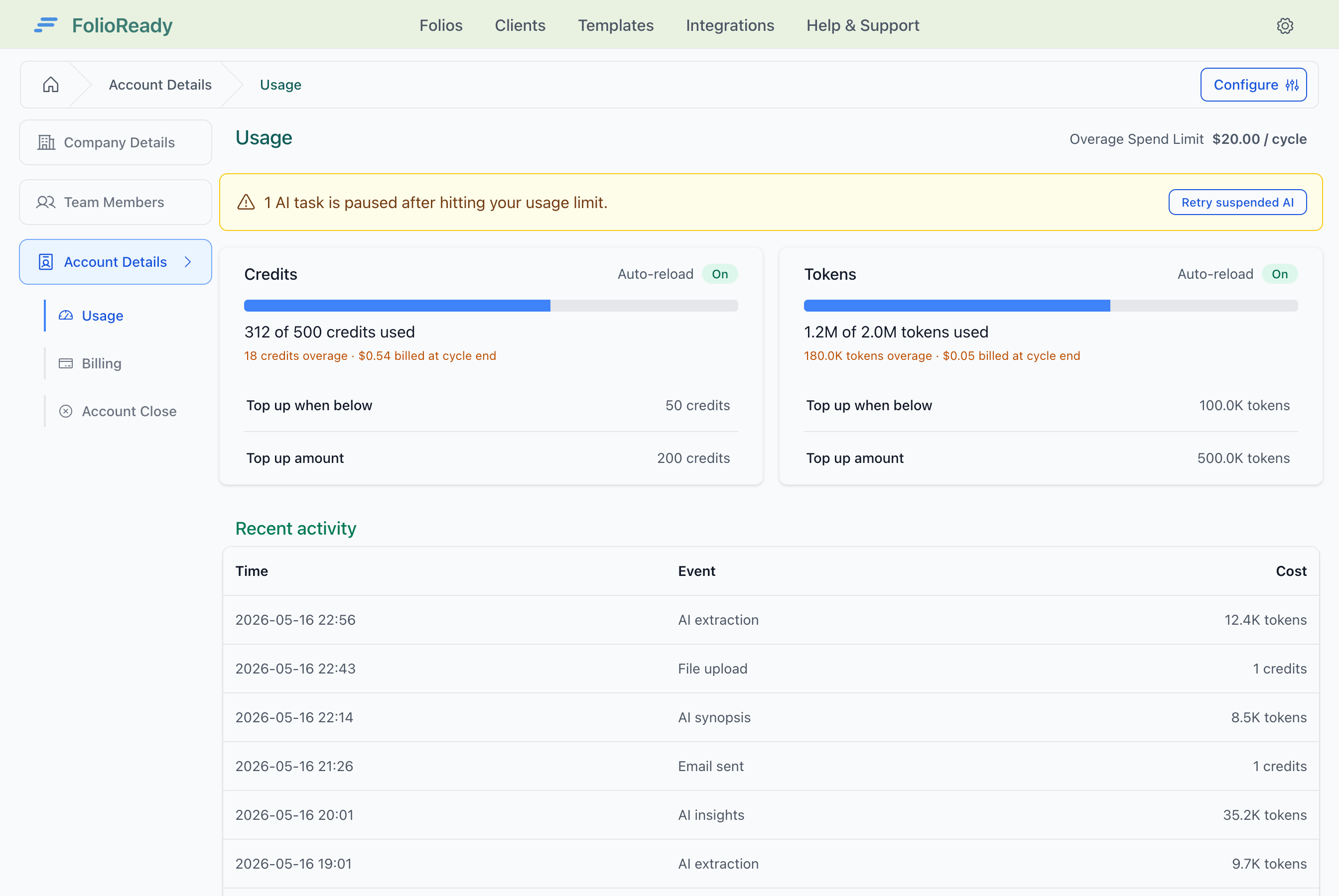Usage page — a yellow banner reports how many AI tasks are paused, with a single button to retry them all.