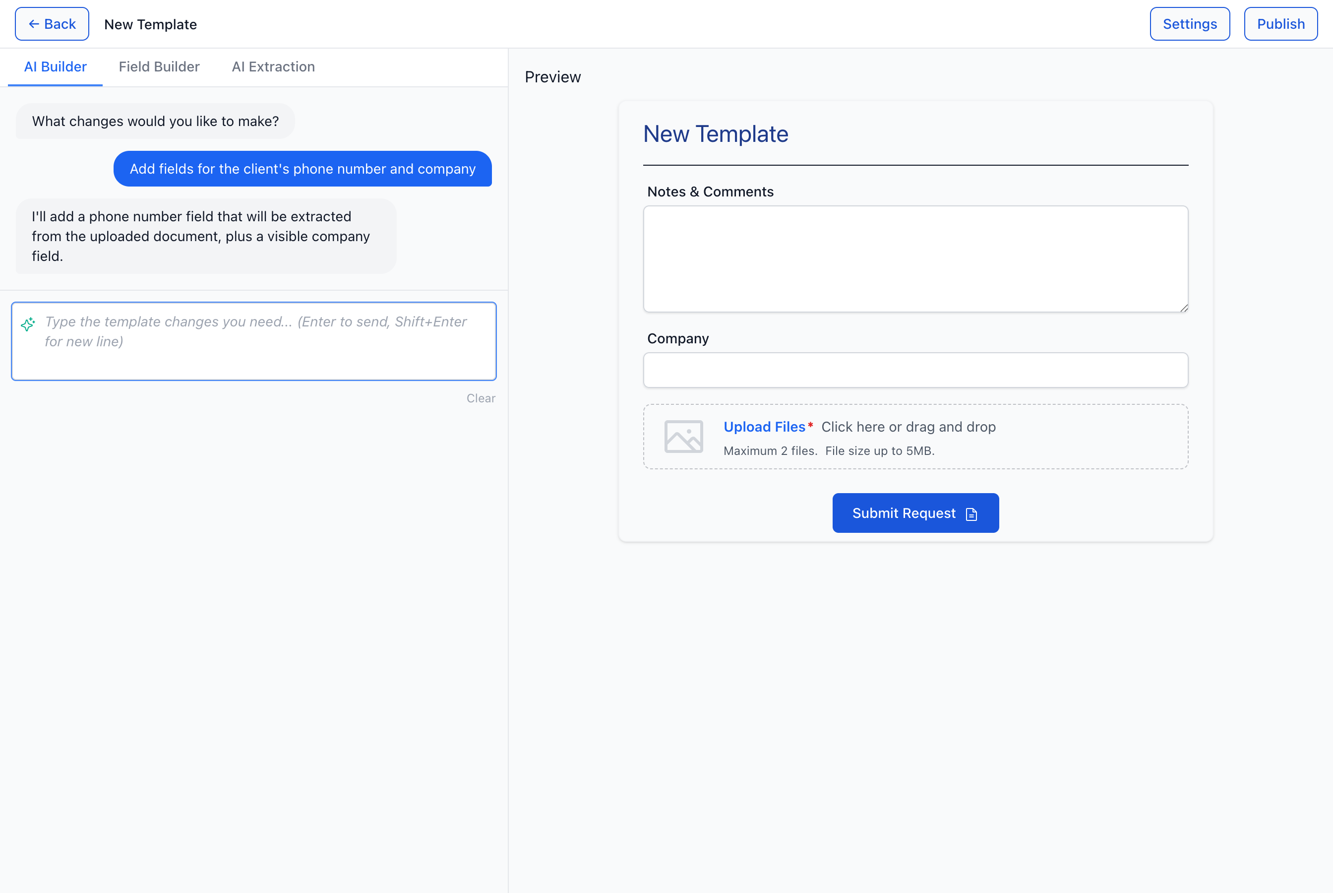 A prompt asking for a phone and company field — the assistant replies, and the preview picks up the new Company field on the right as the design updates.