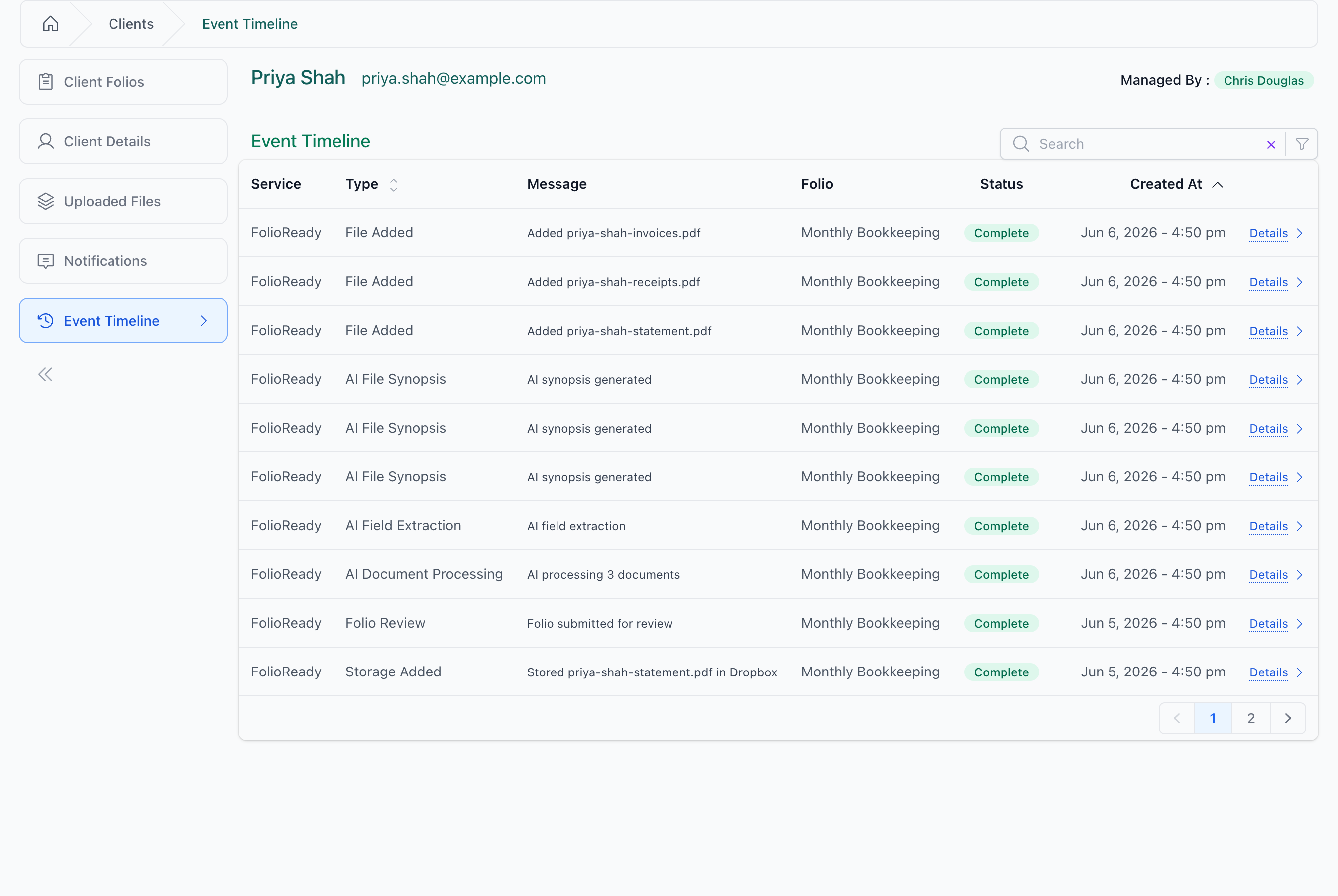 The client Event Timeline — every event across all of a client's folios in one feed, with a Folio column so you always know which folio each entry belongs to.