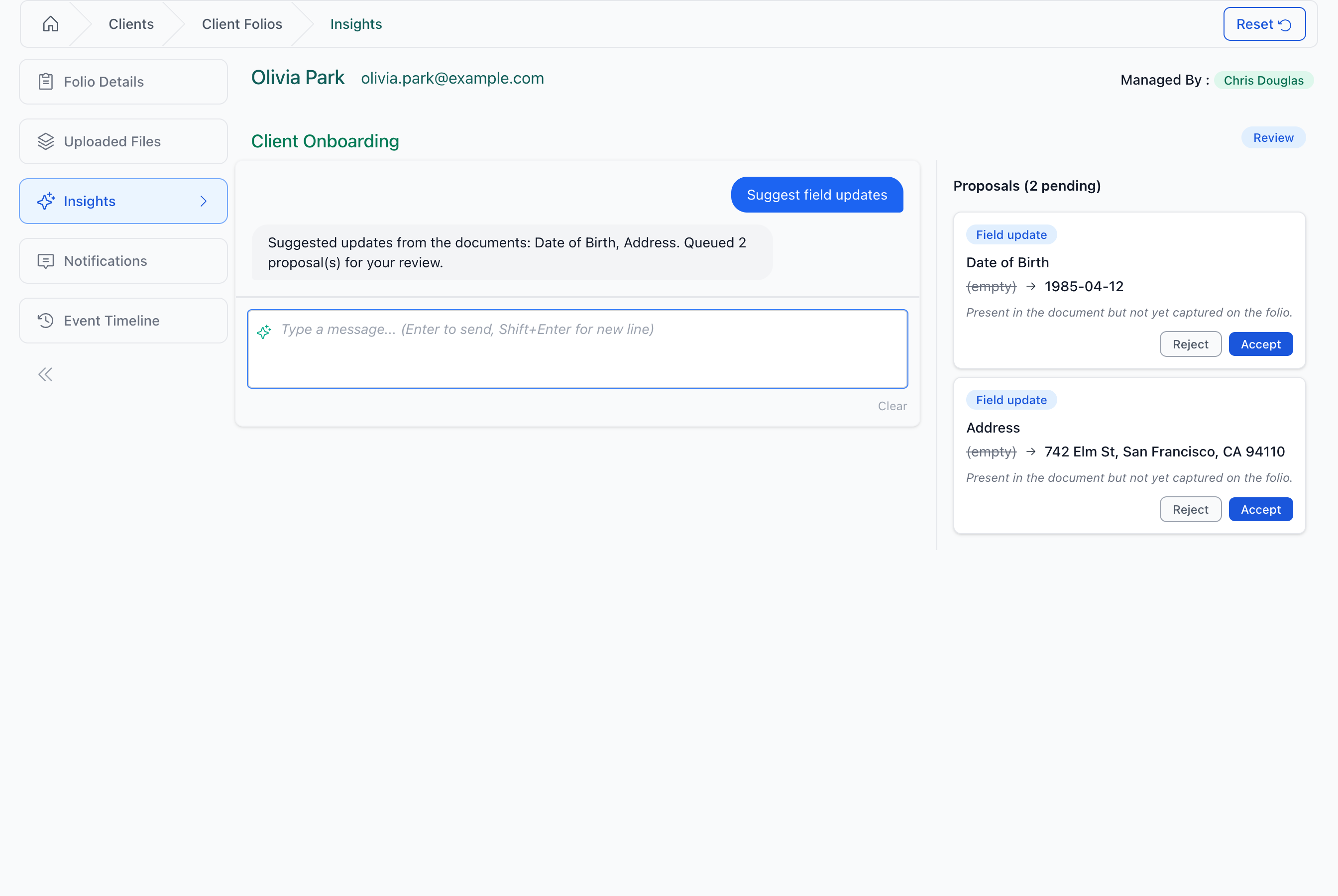 Field-update proposals in the Insights panel — each card names the field, shows the from/to values, and cites the document evidence.
