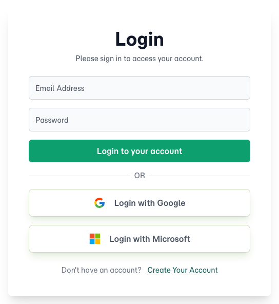 Login with Google or Login with Microsoft, right on the FolioReady sign-in screen.